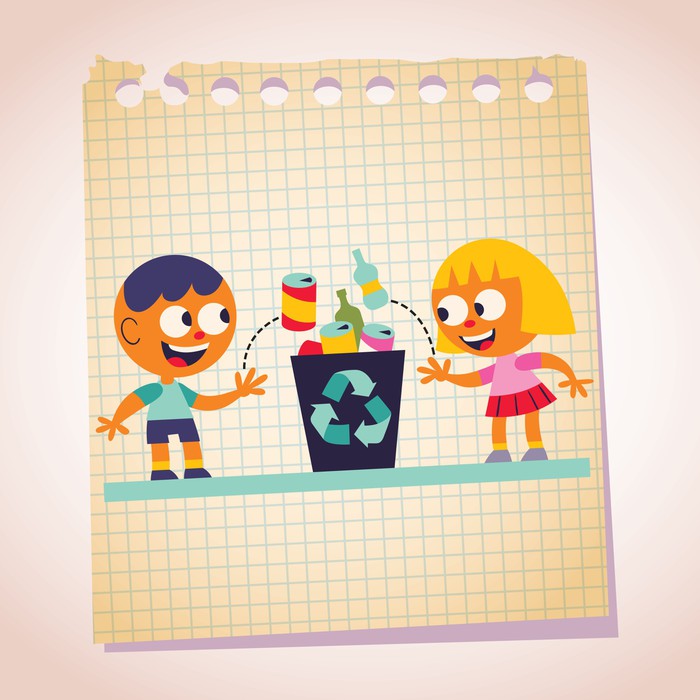 Boy and girl recycling note paper cartoon illustration